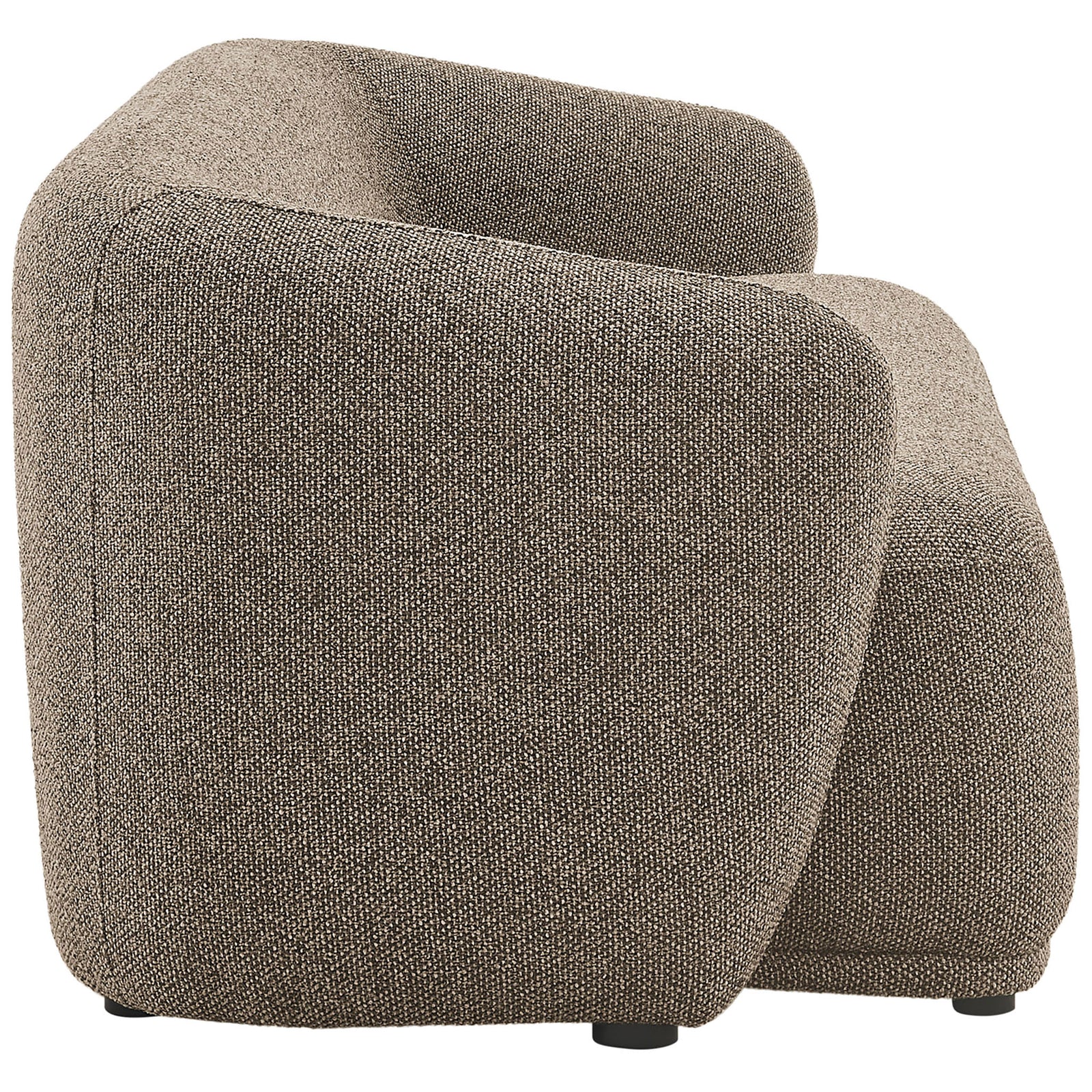 Streamlined low profile sofa in textured earth boucle showcasing the sculpted arms and deep seat || EEI-7501-ETH || side_studio