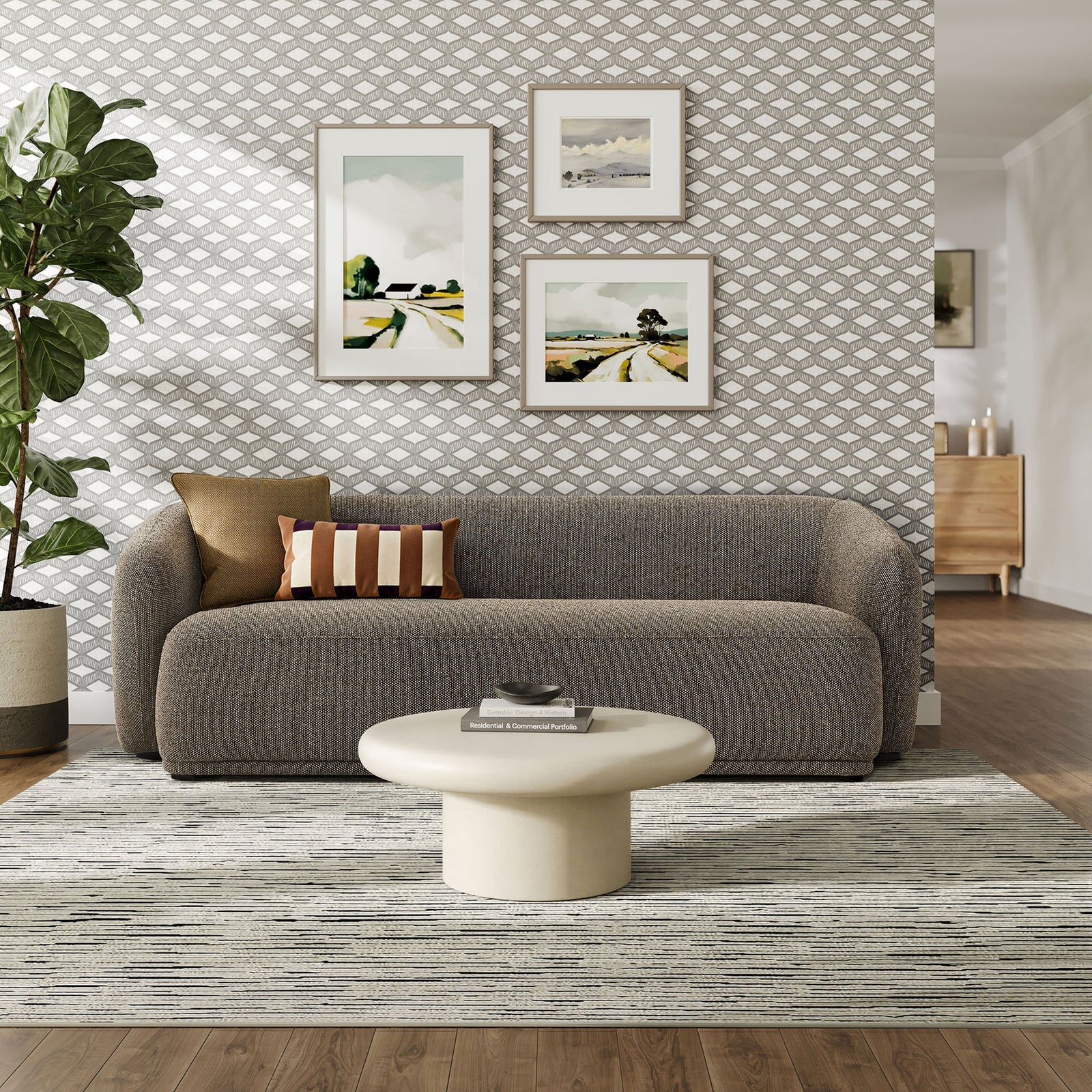 Earth boucle sofa anchored in a modern living room with layered rug, art, and cozy accent pillows || EEI-7501-ETH || front_room