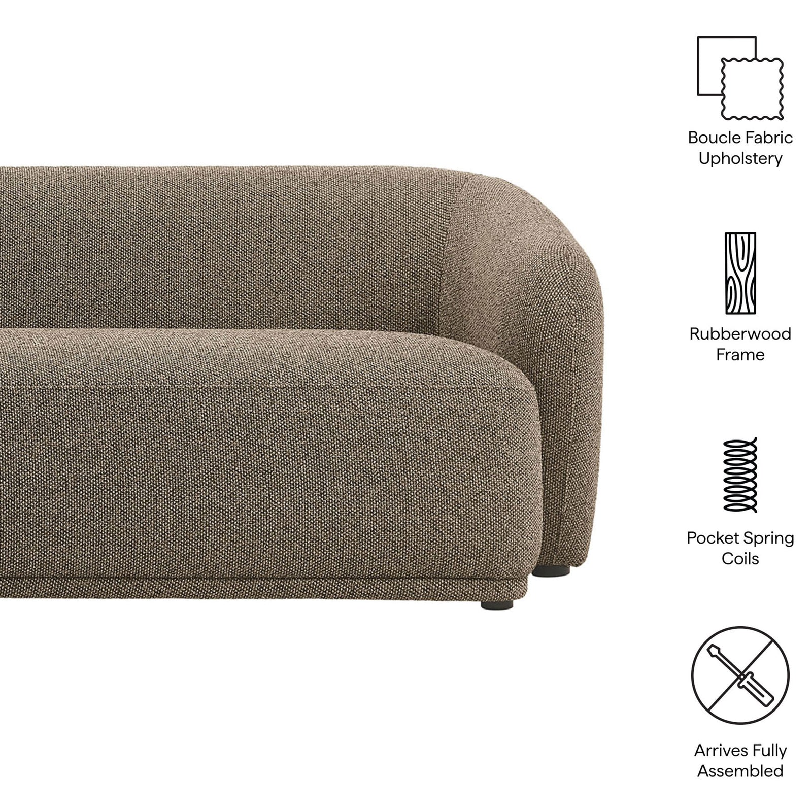 Earth boucle sofa with supportive pocket coils, sturdy rubberwood frame, and arrives fully assembled || EEI-7501-ETH || callout_studio