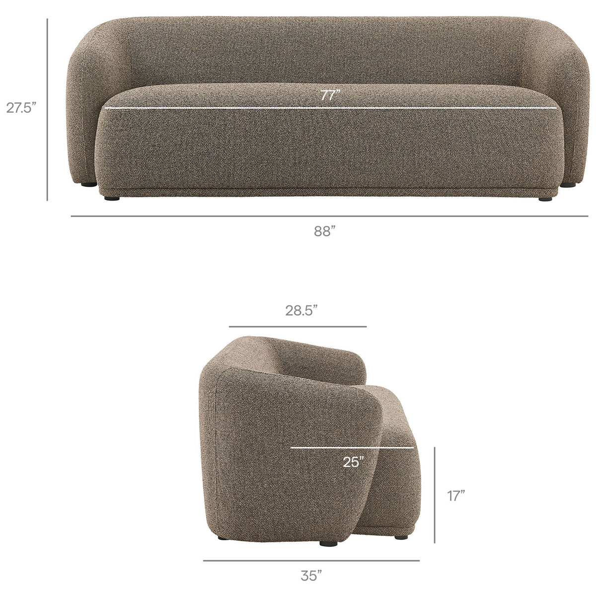 Front and side views of the earth boucle sofa with labeled dimensions for width, depth, height, and seat || EEI-7501-ETH || dimension_studio