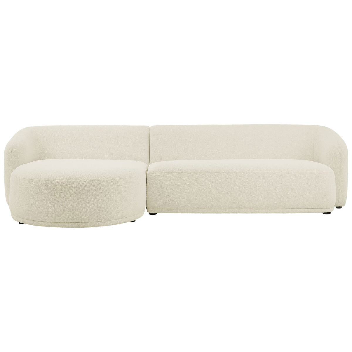 Left facing Monica cream boucle sectional with generous chaise and low rounded backrest. || EEI-7502-CRE || front_studio