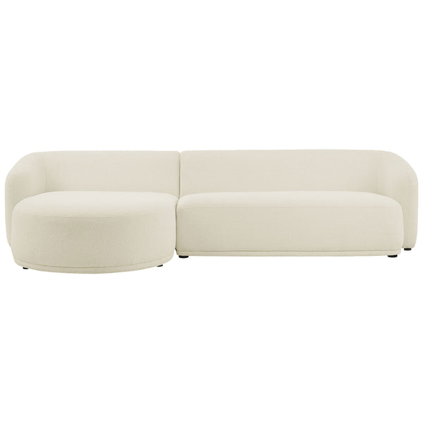 Left facing Monica cream boucle sectional with generous chaise and low rounded backrest. || EEI-7502-CRE || front_studio