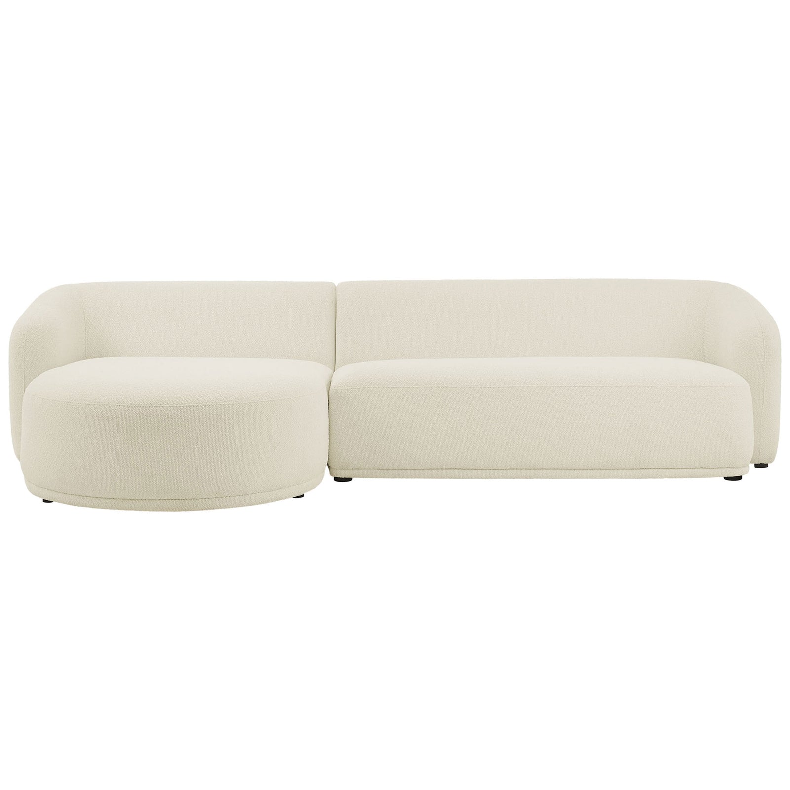 Left facing Monica cream boucle sectional with generous chaise and low rounded backrest. || EEI-7502-CRE || front_studio