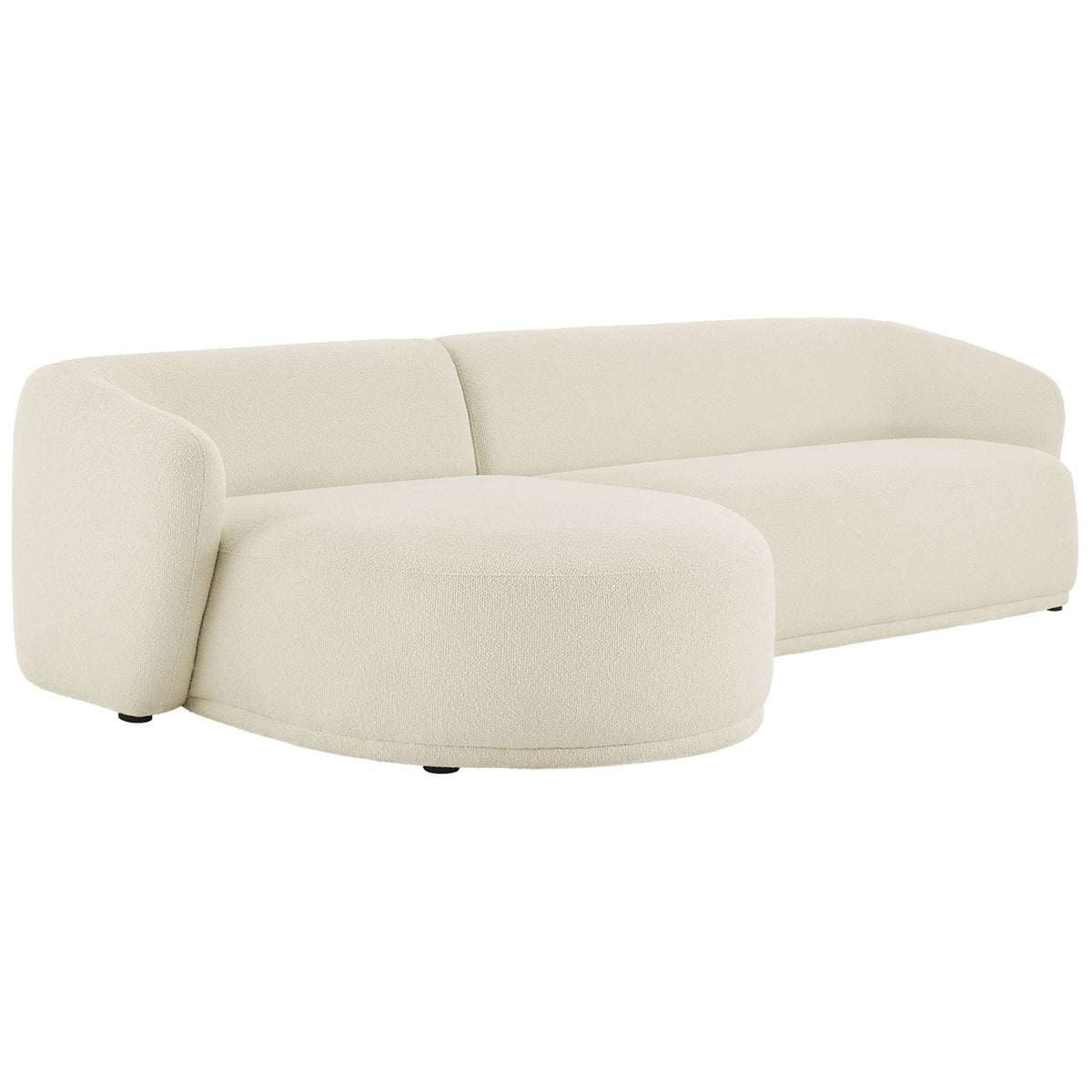 Curved cream boucle sofa with left chaise from the Monica collection for modern lounging. || EEI-7502-CRE || front_angle_studio