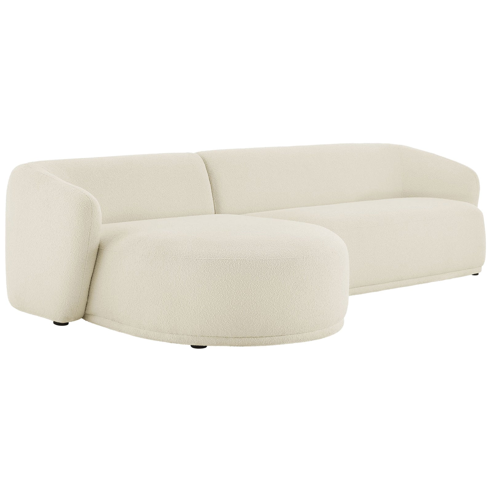 Curved cream boucle sofa with left chaise from the Monica collection for modern lounging. || EEI-7502-CRE || front_angle_studio