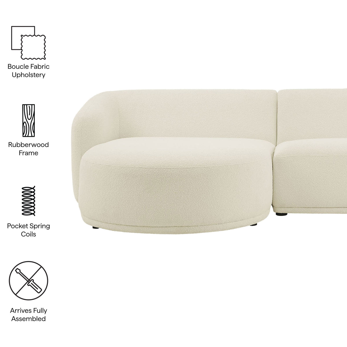 Monica sectional features cream boucle, sturdy rubberwood frame, pocket springs, and arrives fully assembled. || EEI-7502-CRE || callout_studio