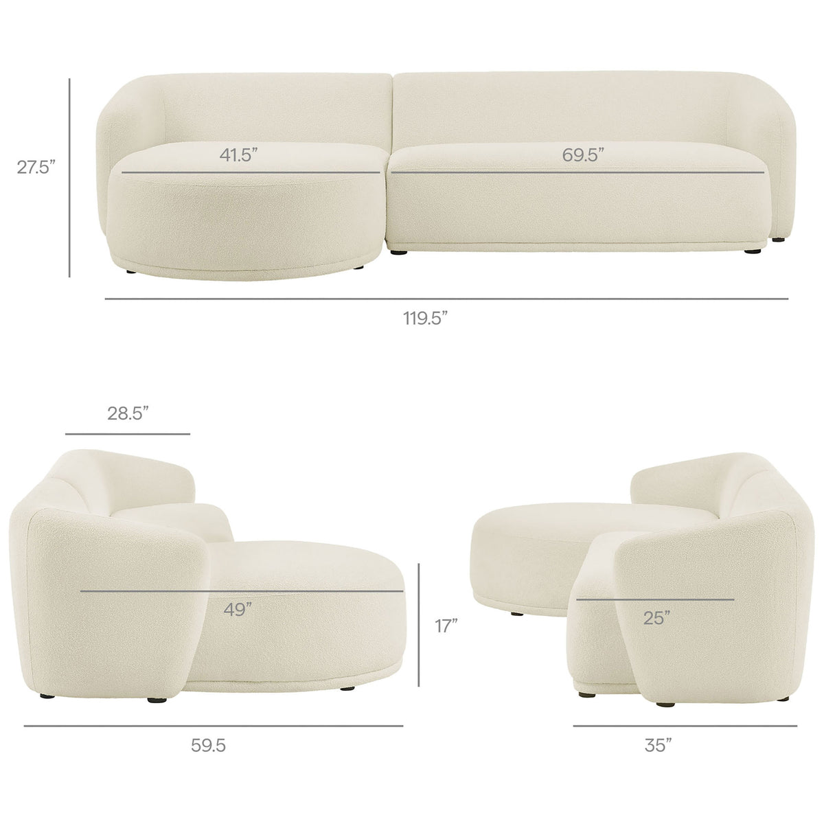 Monica left facing sectional with clearly labeled measurements for width, depth, and seat height. || EEI-7502-CRE || dimension_studio