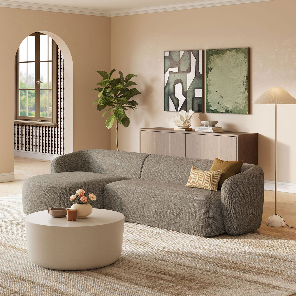 Left-facing Monica sectional anchors a warm living room with boucle texture and rounded contemporary lines || EEI-7502-ETH || front_angle_room