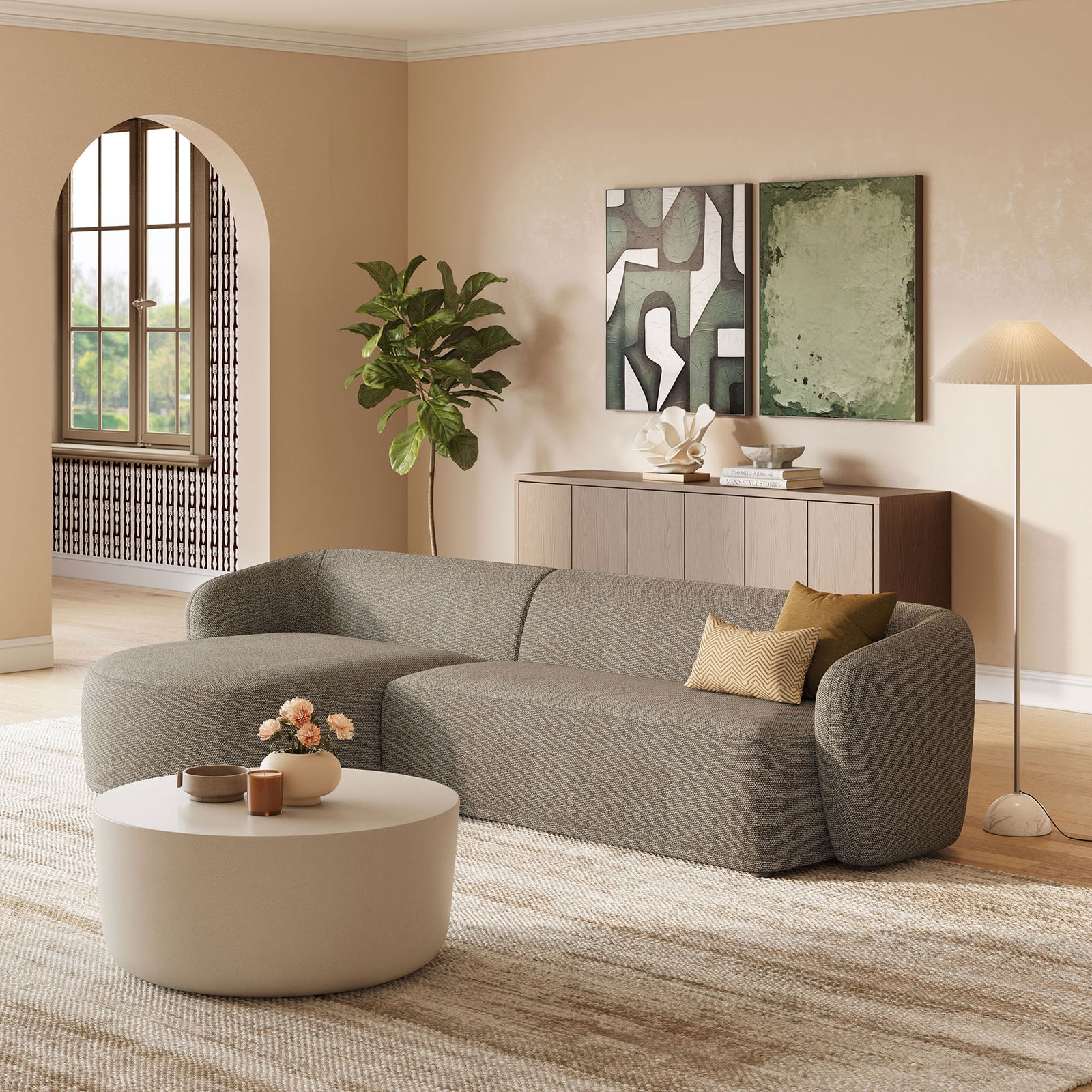 Left-facing Monica sectional anchors a warm living room with boucle texture and rounded contemporary lines || EEI-7502-ETH || front_angle_room