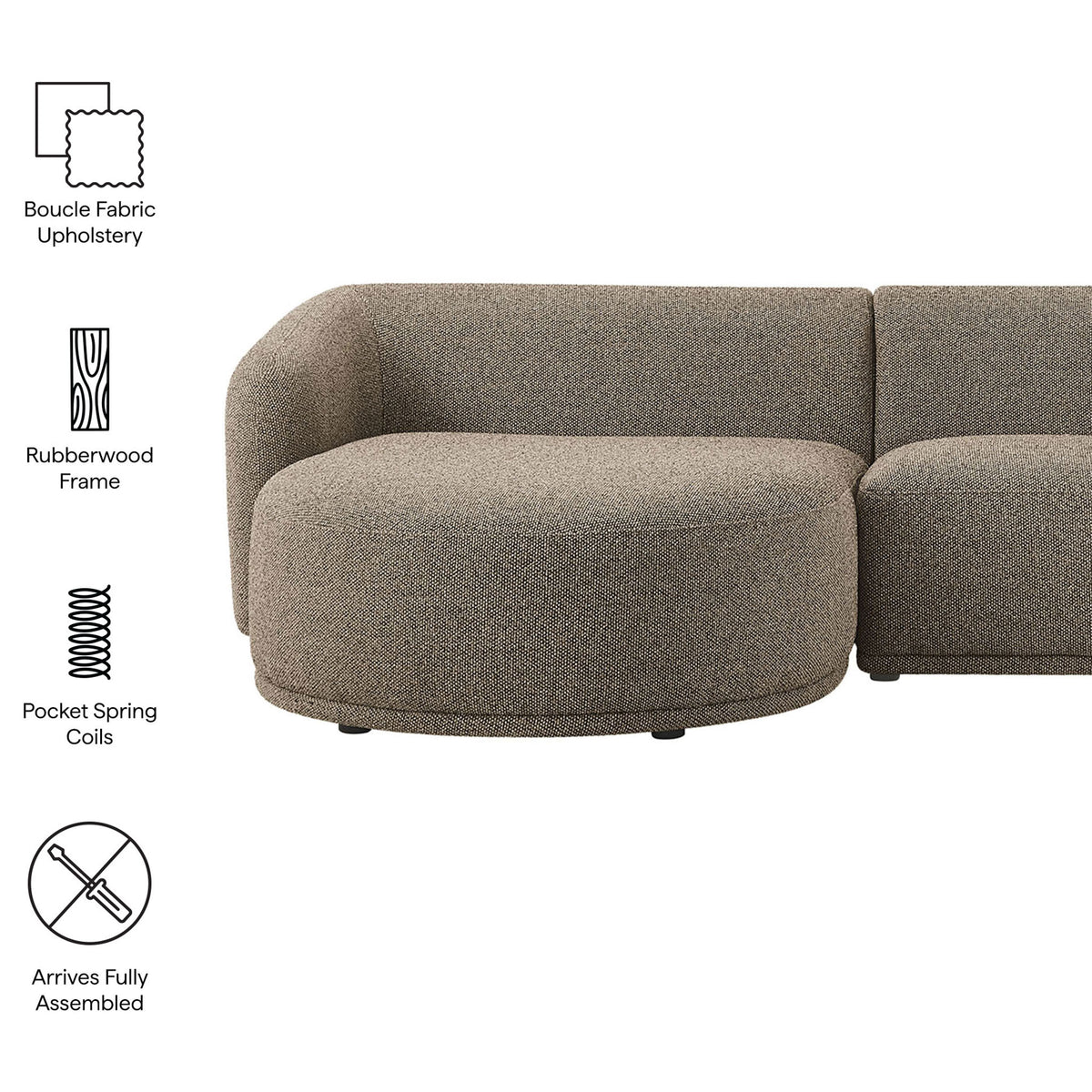 Feature graphic highlighting boucle upholstery, rubberwood frame, pocket spring coils, and fully assembled design || EEI-7502-ETH || callout_studio