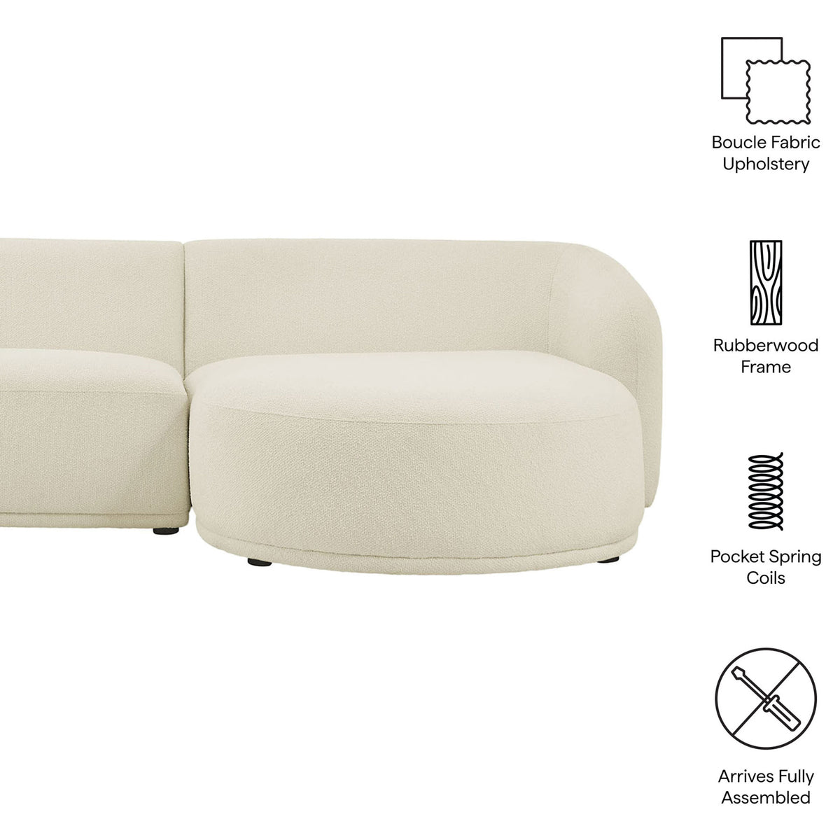 Feature icons highlight Monica sectional boucle fabric, rubberwood frame, pocket coils, and no assembly. || EEI-7503-CRE || callout_studio