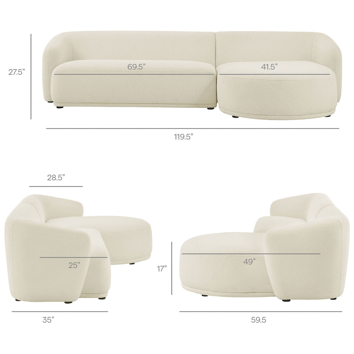 Monica right facing sectional with detailed measurements to help plan seating layouts. || EEI-7503-CRE || dimension_studio