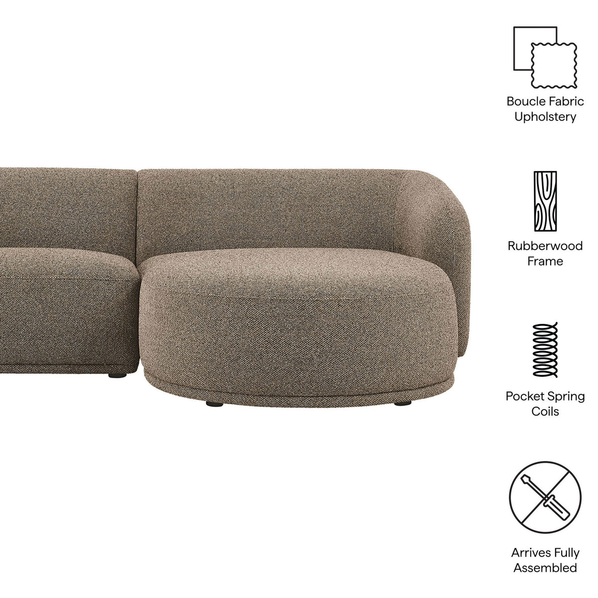 Feature graphic calling out boucle upholstery, rubberwood frame, pocket spring coils, and no-assembly convenience || EEI-7503-ETH || callout_studio