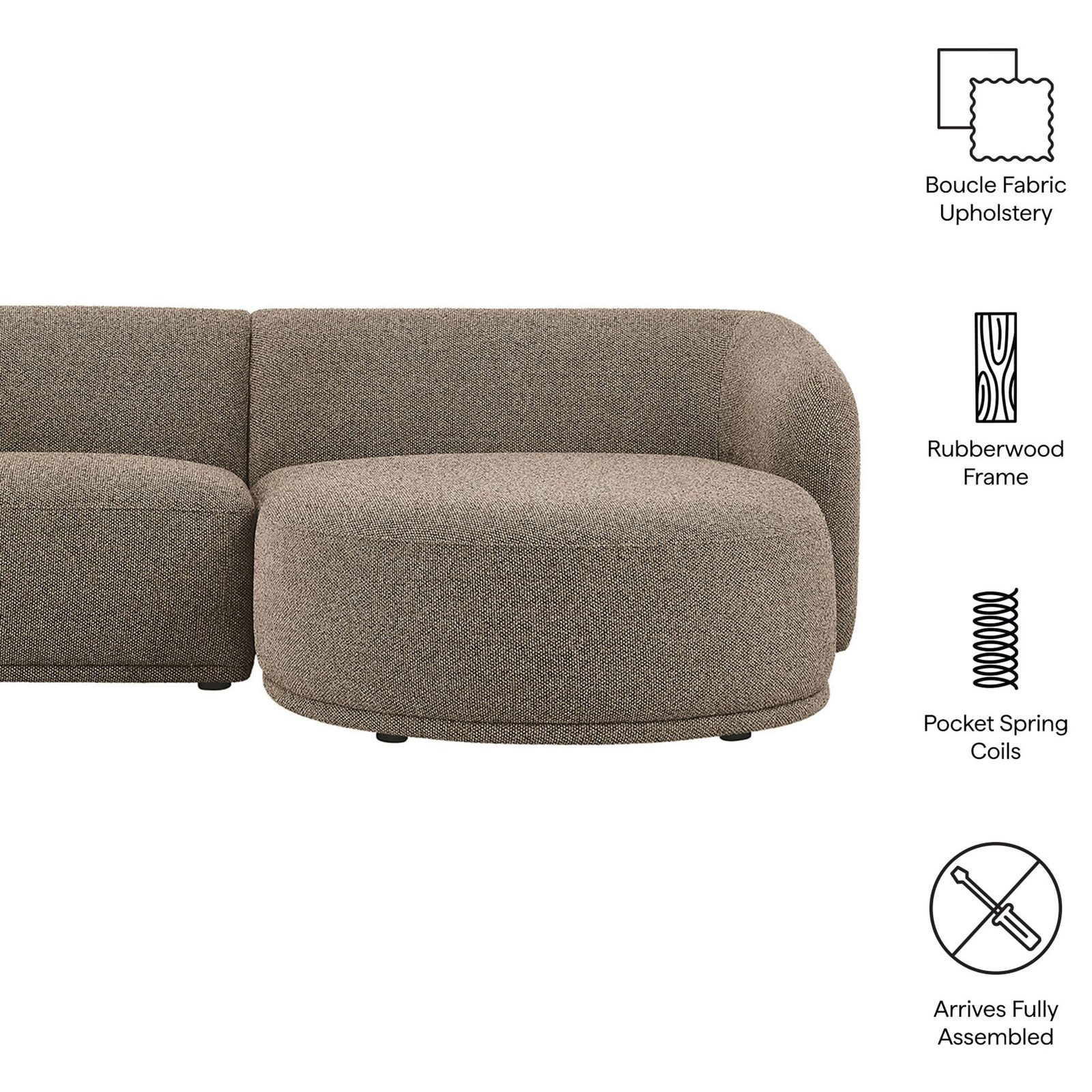 Feature graphic calling out boucle upholstery, rubberwood frame, pocket spring coils, and no-assembly convenience || EEI-7503-ETH || callout_studio