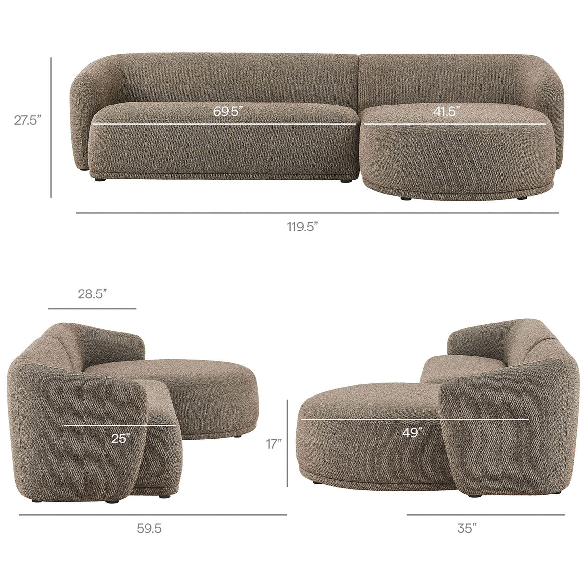 Dimensional overview of the right-facing sectional showing key width, depth, height, and seat measurements || EEI-7503-ETH || dimension_studio