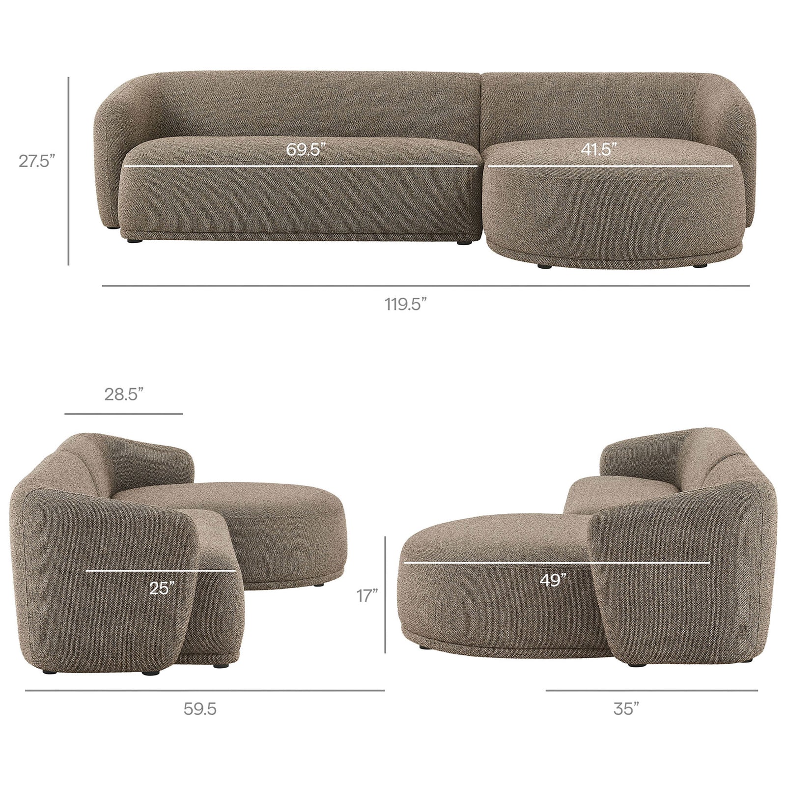 Dimensional overview of the right-facing sectional showing key width, depth, height, and seat measurements || EEI-7503-ETH || dimension_studio