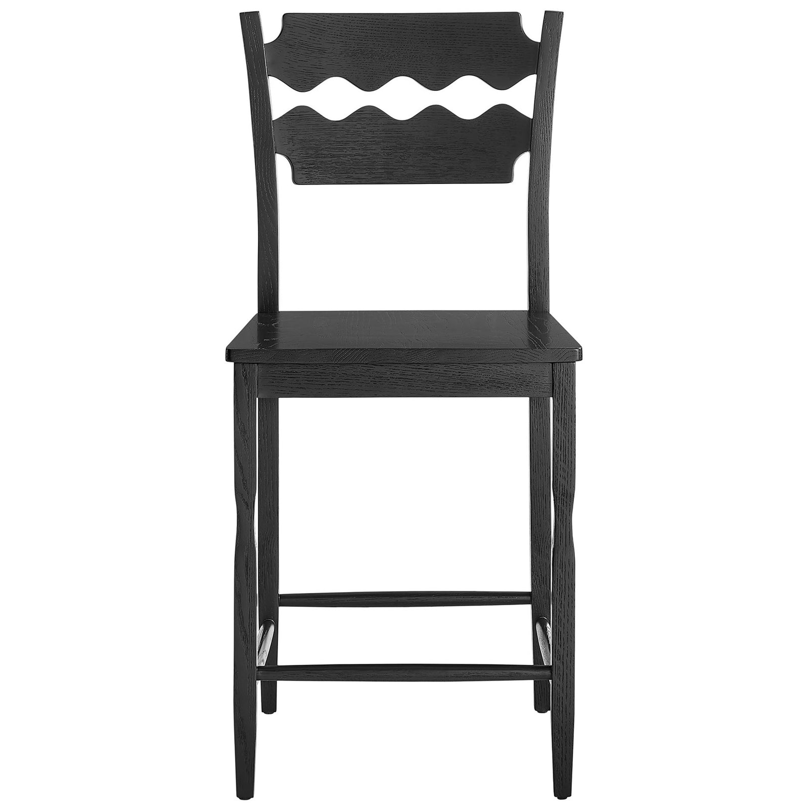 Black solid oak counter stool with wavy razor-back and four-sided stretcher base || EEI-7505-BLK || front_studio