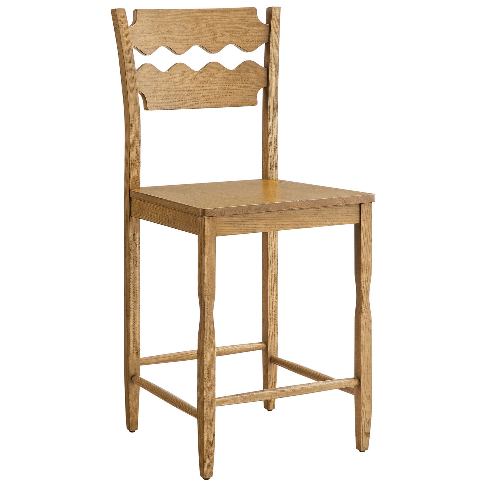 Sculpted oak counter stool featuring a ripple-back design and clean, armless silhouette. || EEI-7505-WOA || front_angle_studio