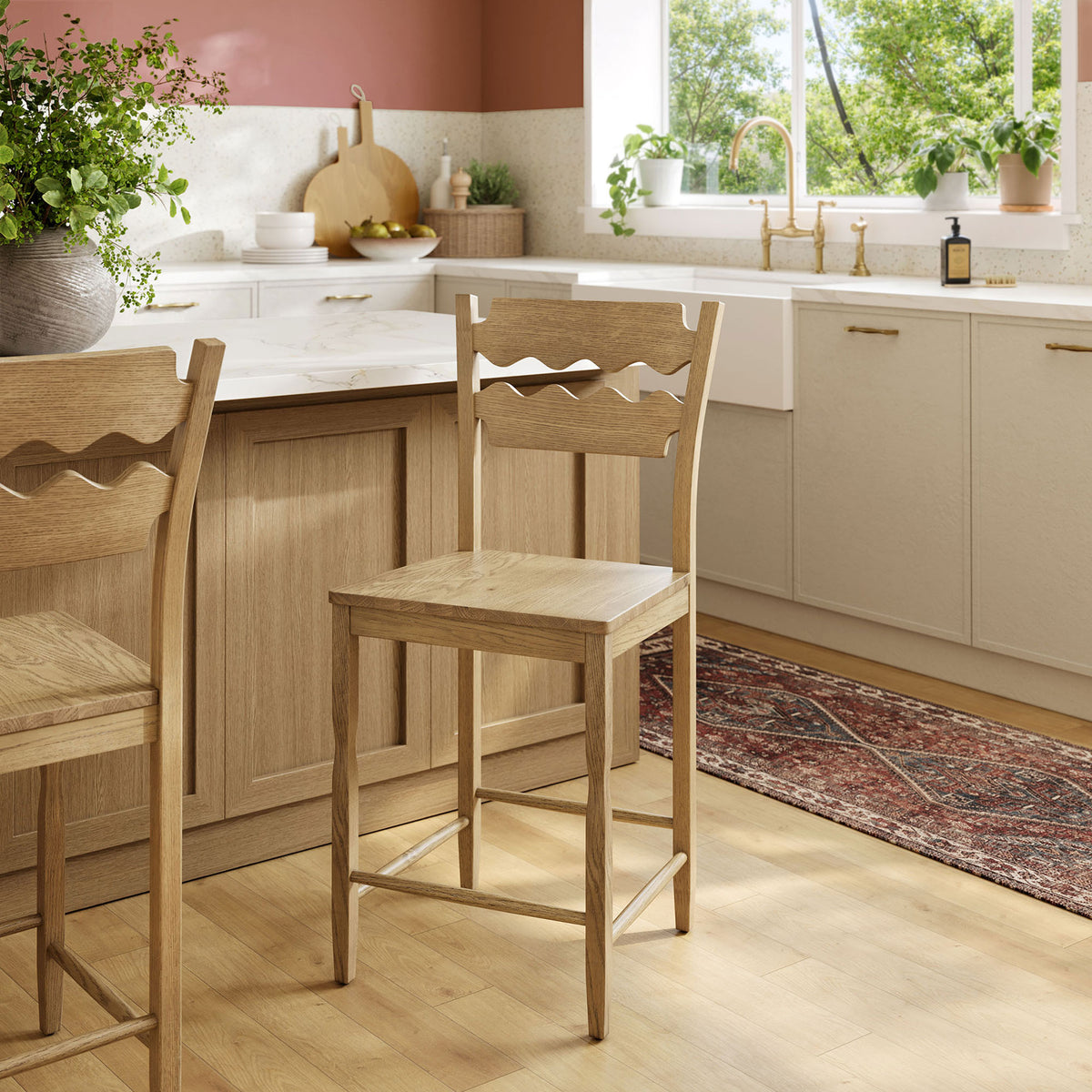 Warm weathered oak finish complements kitchen decor while the footrest adds everyday comfort. || EEI-7505-WOA || front_angle_room