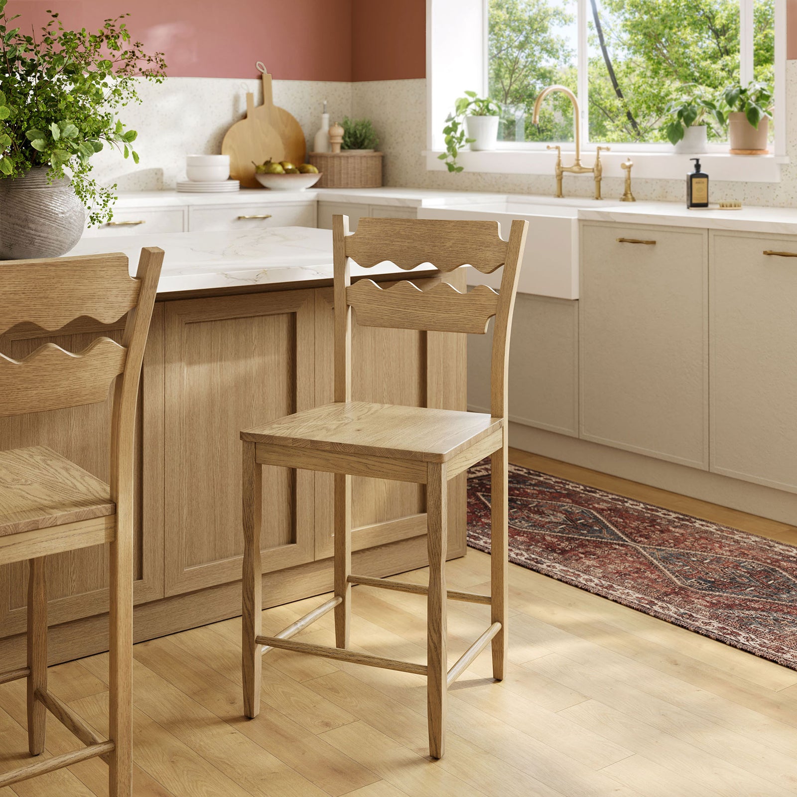 Warm weathered oak finish complements kitchen decor while the footrest adds everyday comfort. || EEI-7505-WOA || front_angle_room