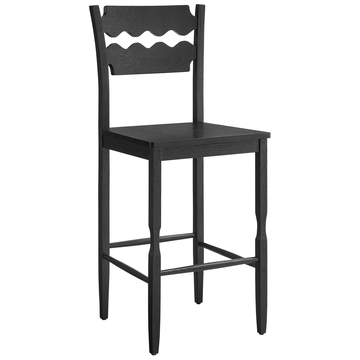 Sculpted black oak bar stool with curved wavy back and square seat || EEI-7506-BLK || front_angle_studio