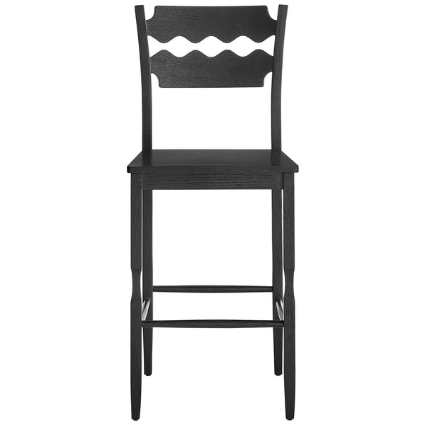 Black solid oak bar stool with wavy razor-back and four-sided stretcher base || EEI-7506-BLK || front_studio