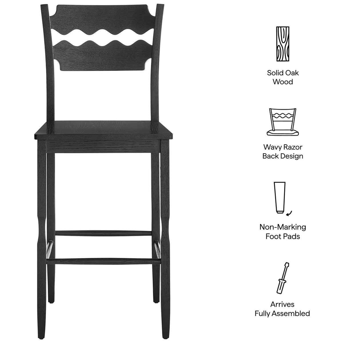 Highlights solid oak build, wavy razor-back, floor-safe foot pads, and fully assembled design || EEI-7506-BLK || callout_studio
