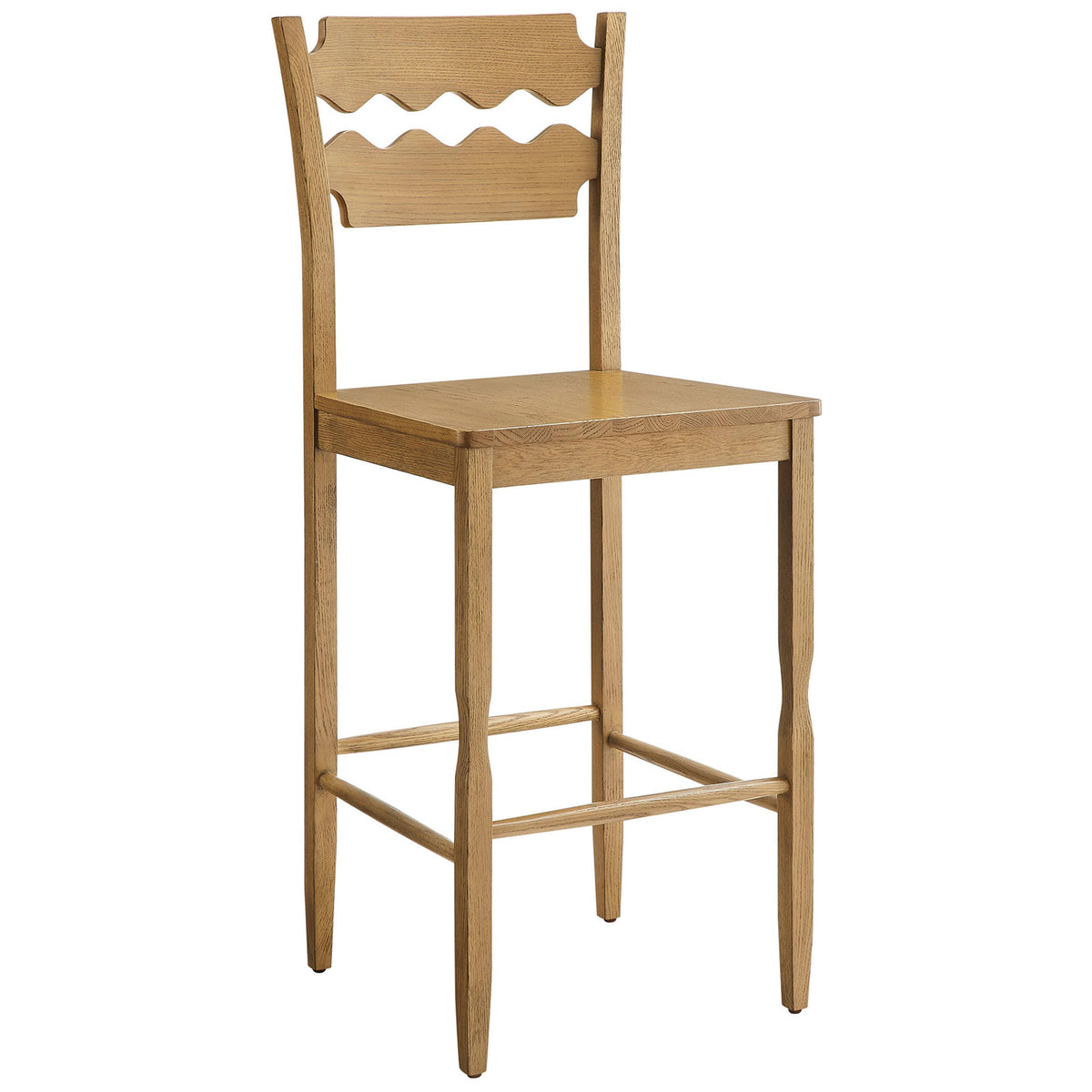 Sleek, armless oak bar stool pairs a square seat with sculpted posts for airy simplicity. || EEI-7506-WOA || front_angle_studio