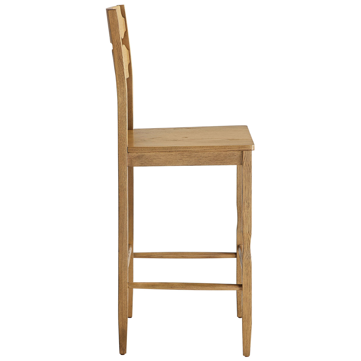 Tall profile with integrated footrest delivers comfortable bar-height seating in solid oak. || EEI-7506-WOA || side_studio