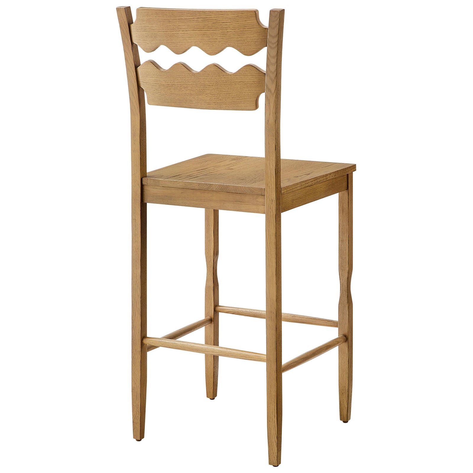 Playful double-wave backrest and gently curved legs define this timeless oak bar stool. || EEI-7506-WOA || back_angle_studio