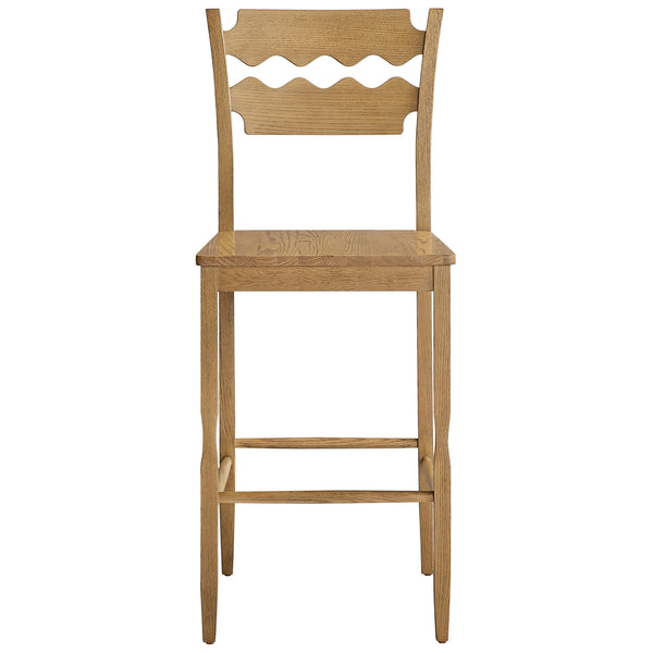 Bar stool in weathered oak with signature wavy razor-back and supportive stretcher base. || EEI-7506-WOA || front_studio