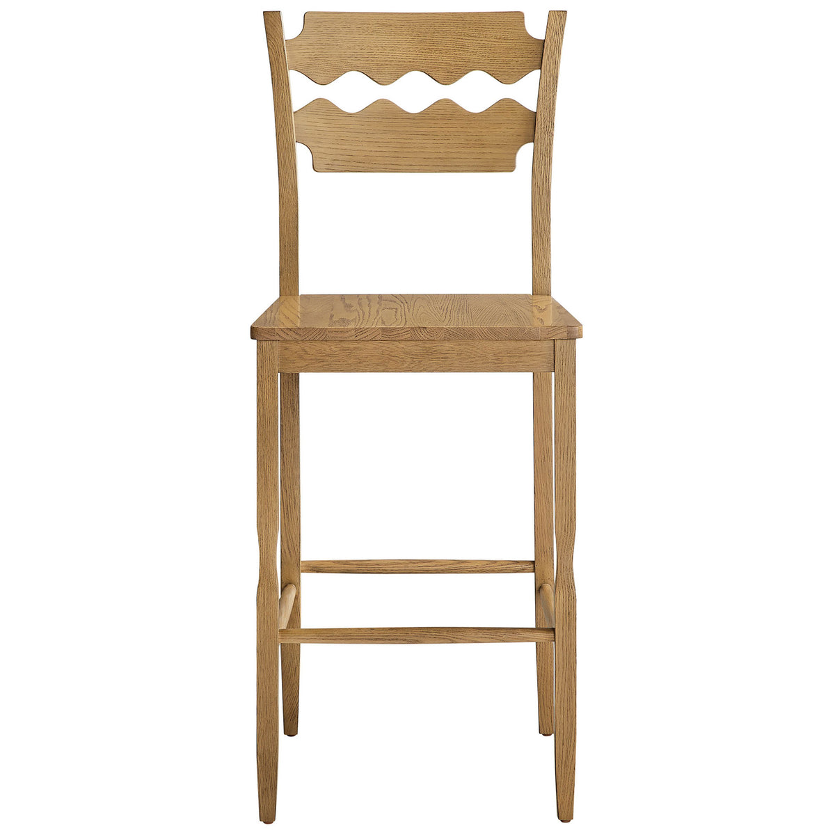 Bar stool in weathered oak with signature wavy razor-back and supportive stretcher base. || EEI-7506-WOA || front_studio