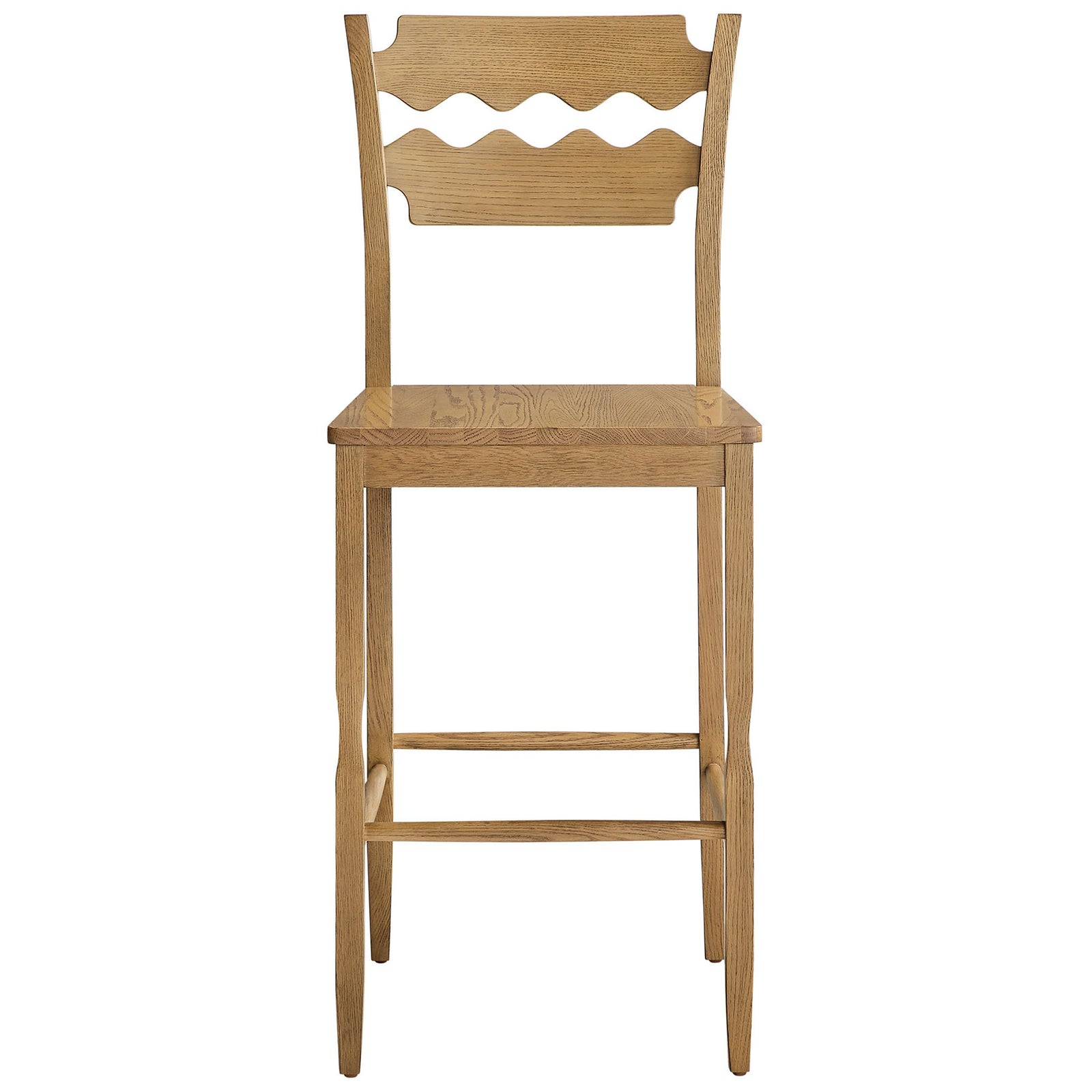 Bar stool in weathered oak with signature wavy razor-back and supportive stretcher base. || EEI-7506-WOA || front_studio