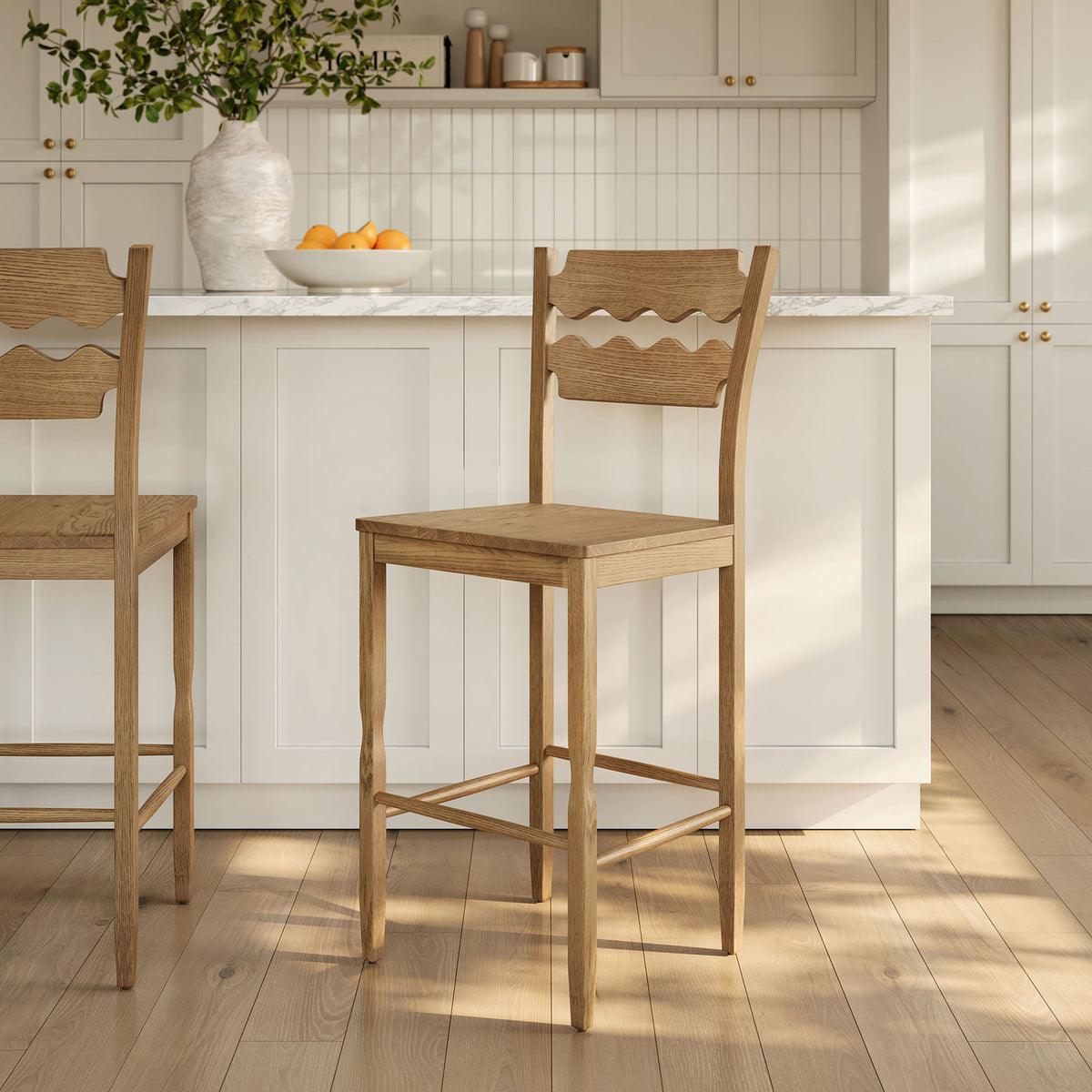 Weathered oak adds warmth at the bar, with a durable frame built for daily use. || EEI-7506-WOA || front_angle_room