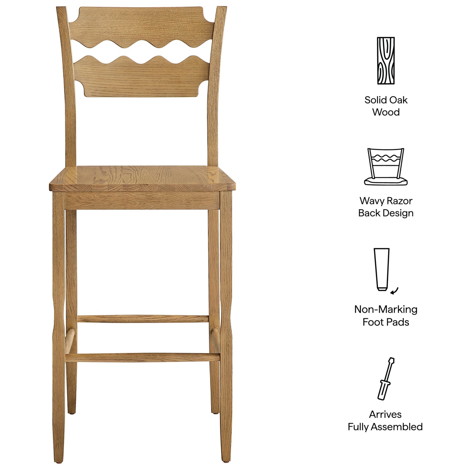 Solid oak construction, wavy back, non-marking pads, and arrives fully assembled. || EEI-7506-WOA || callout_studio