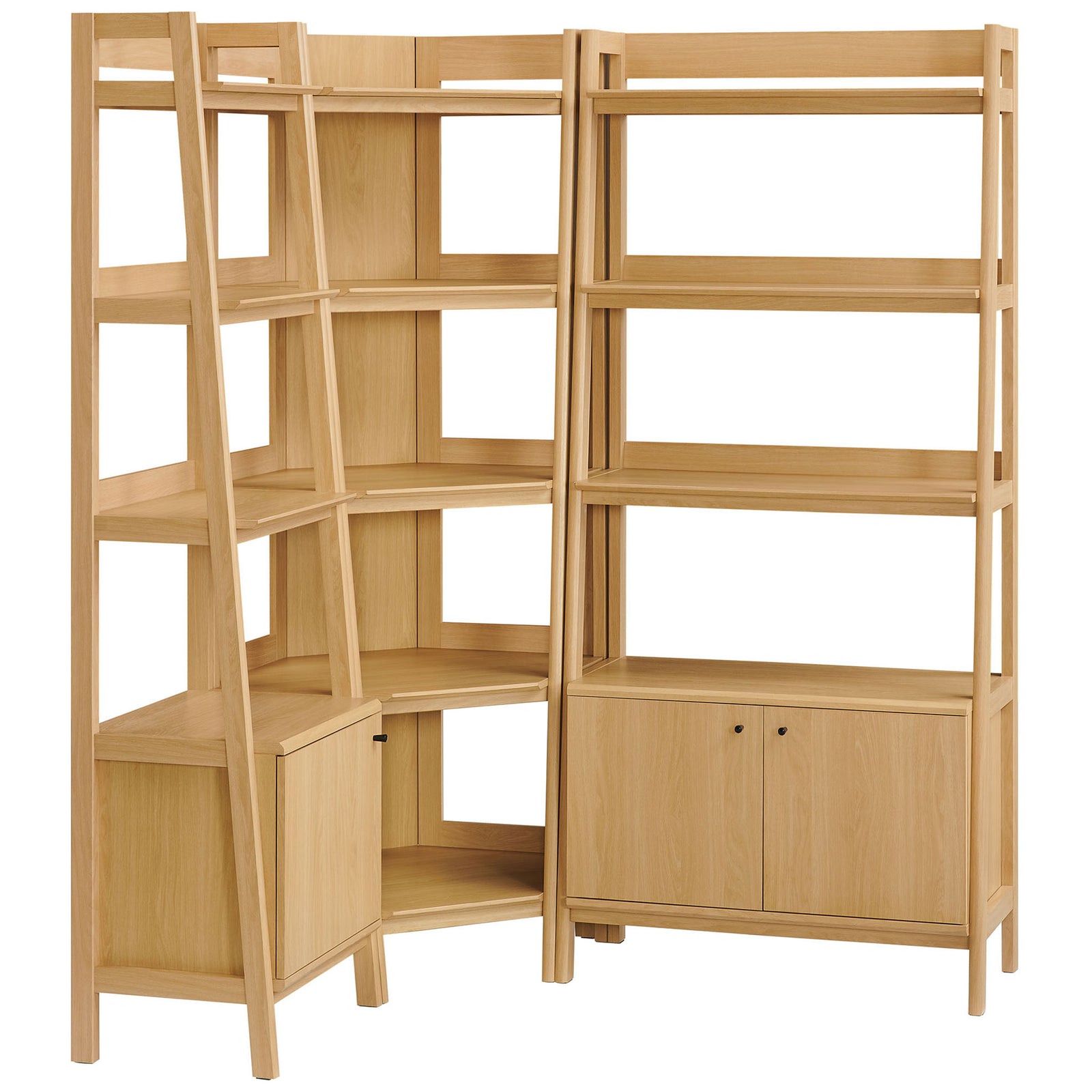 Modern corner bookcase trio with warm oak grain, airy frames, and abundant display tiers || EEI-7511-OAK || front_angle_studio