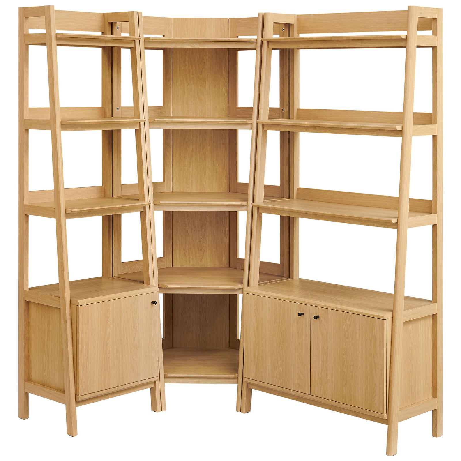Three-piece oak corner bookshelf set with open shelves and dual cabinets for versatile storage || EEI-7511-OAK || front_studio