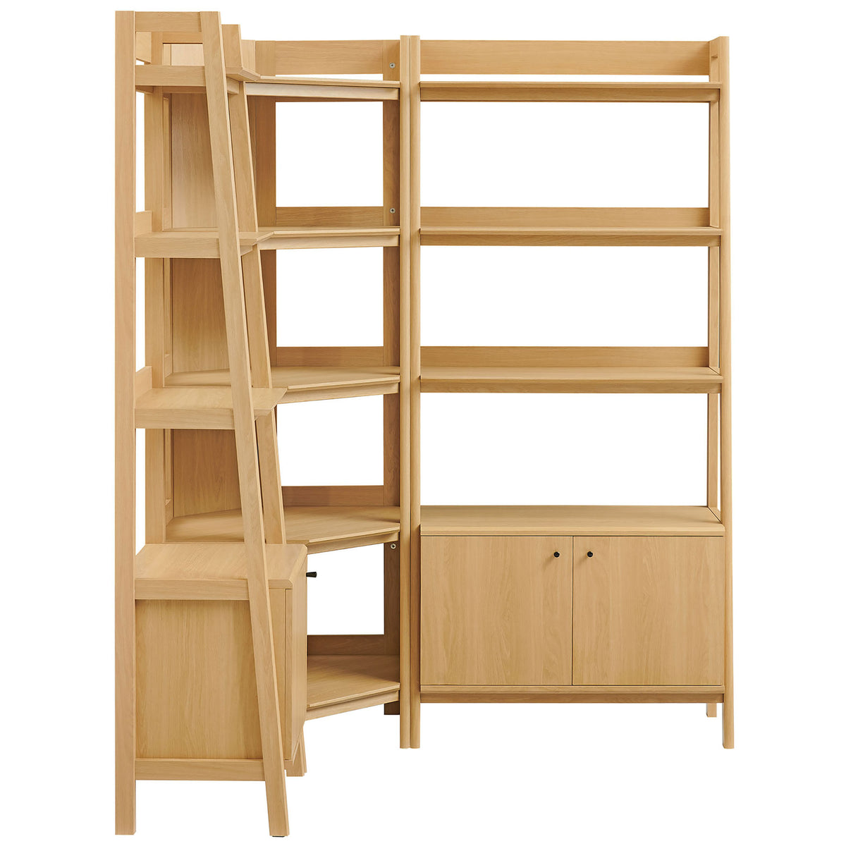 Space-saving corner shelving system pairing wide and narrow units around a sturdy central tower || EEI-7511-OAK || front_angle_studio