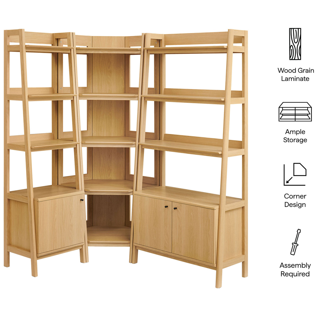 Oak bookcase set features wood grain laminate, ample storage, and a smart corner design || EEI-7511-OAK || callout_studio