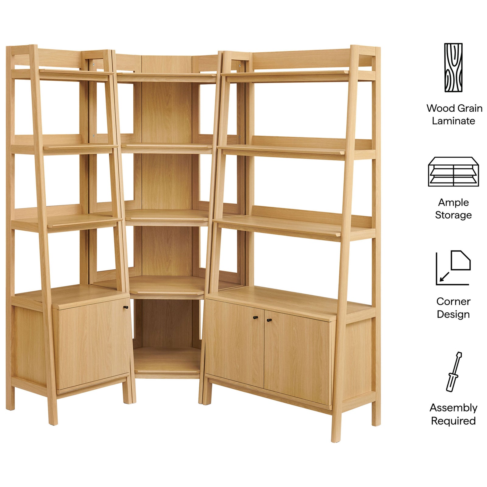 Oak bookcase set features wood grain laminate, ample storage, and a smart corner design || EEI-7511-OAK || callout_studio