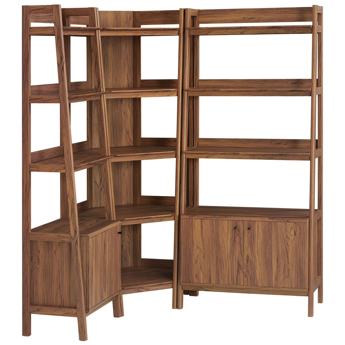 Walnut corner bookshelf set with open tiers and two concealed cabinets, featuring angled ladder supports || EEI-7511-WAL || front_angle_studio