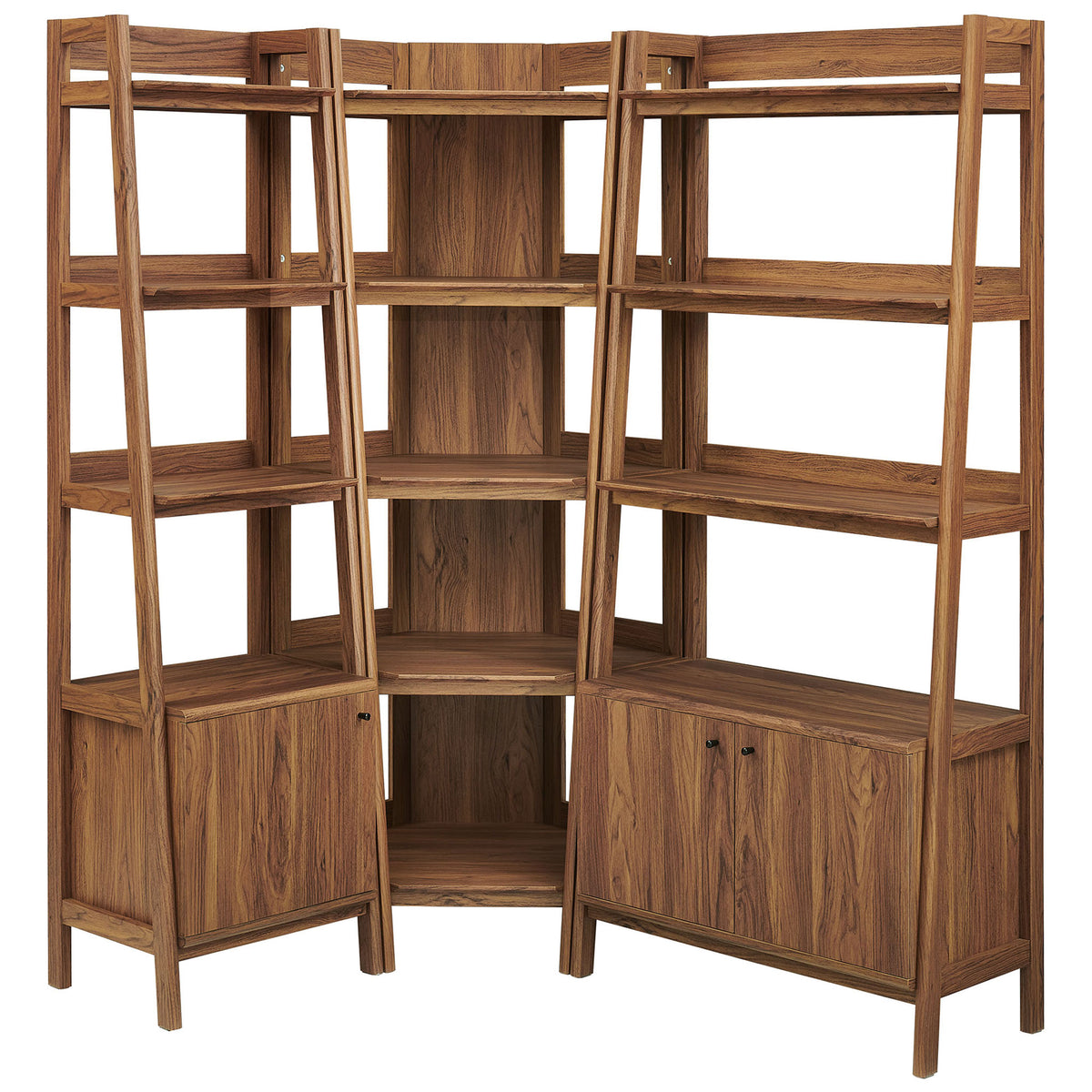 Three-piece walnut corner bookcase with wide and narrow towers and a center corner unit with open shelving || EEI-7511-WAL || front_studio