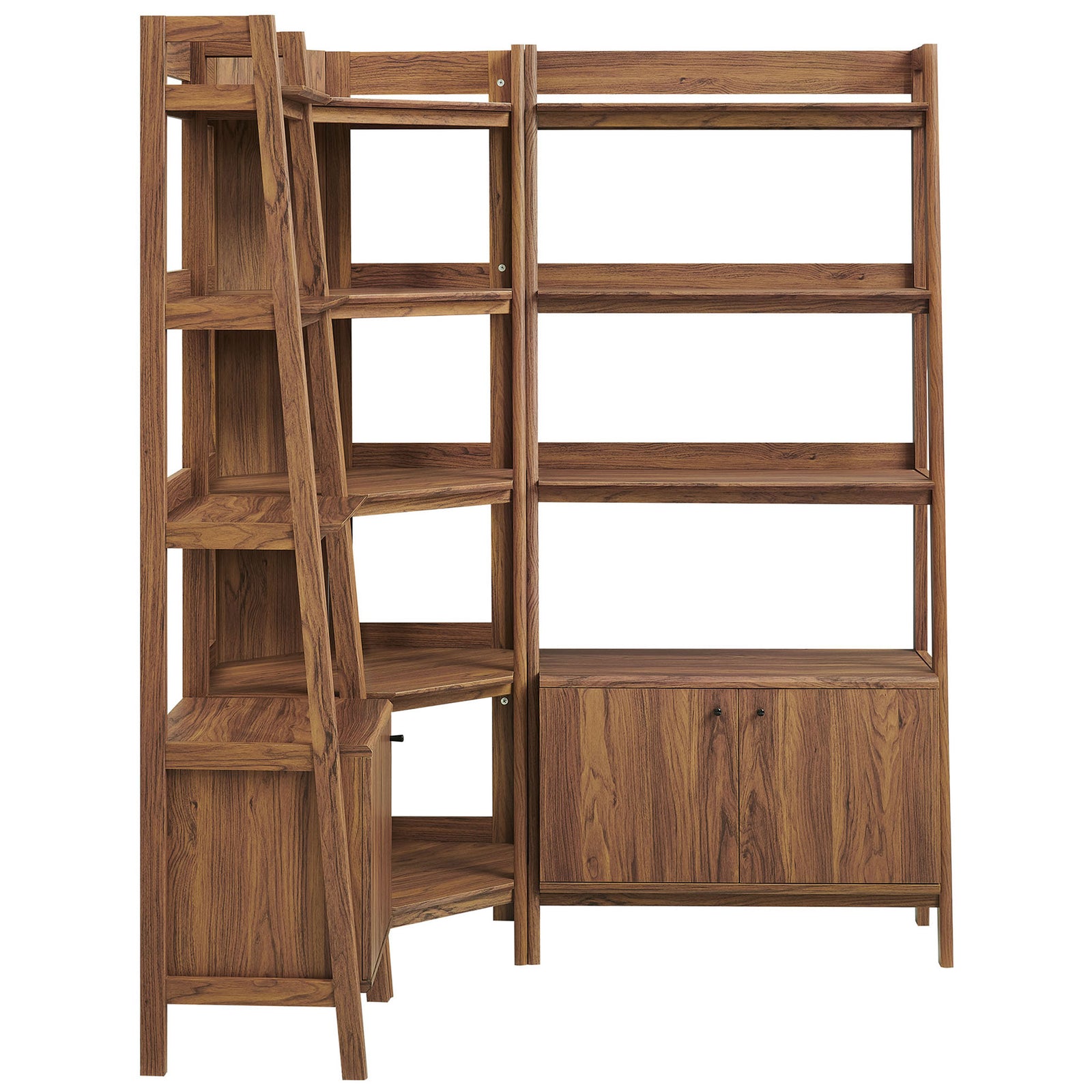 Walnut storage tower with cabinet joined to a corner shelf unit for flexible display and organization || EEI-7511-WAL || front_partial_studio