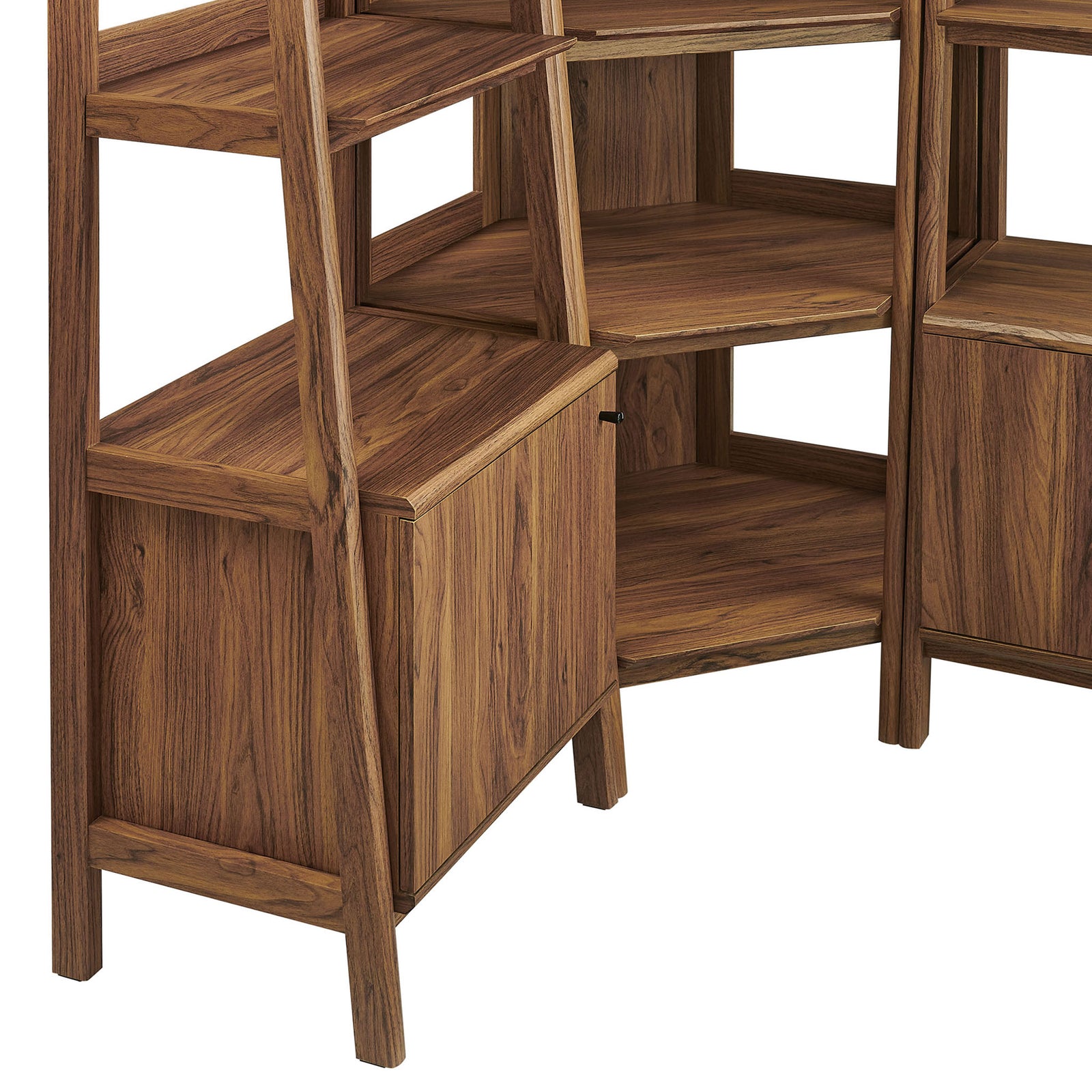 Close-up of the wood grain finish and lower cabinet detailing on the walnut bookshelf set || EEI-7511-WAL || detail_studio