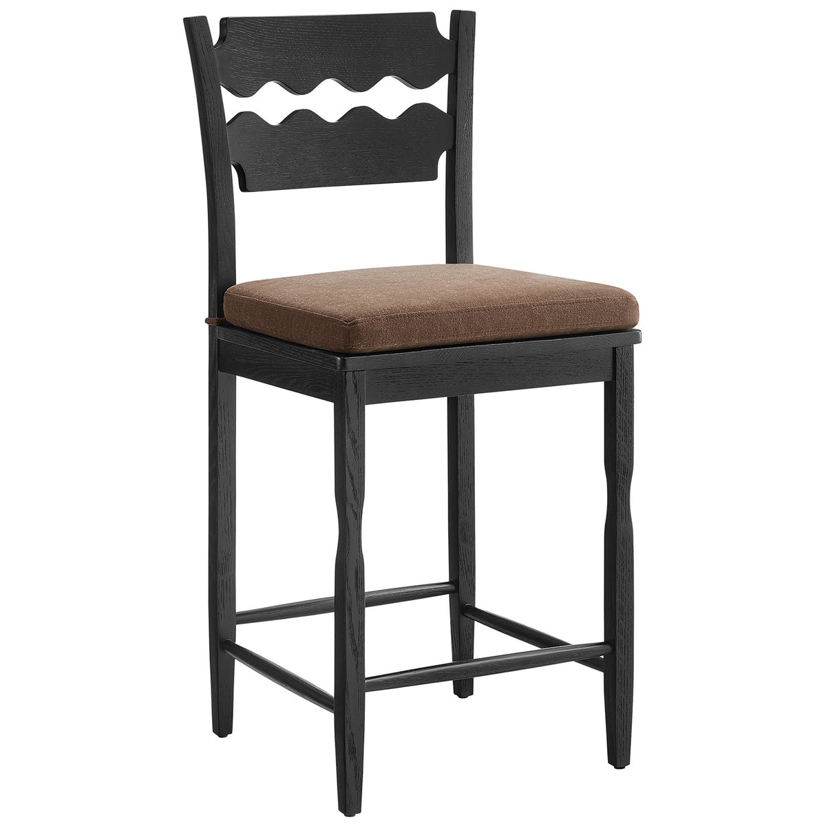 Solid oak counter stool in black with cocoa fabric seat and sculpted wavy backrest for vintage charm || EEI-7518-BLK-COA || front_angle_studio