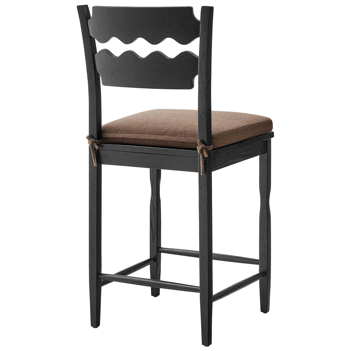 Curved wavy back slats and tie-on cushion accent a matte black oak frame with classic stretcher base || EEI-7518-BLK-COA || back_angle_studio
