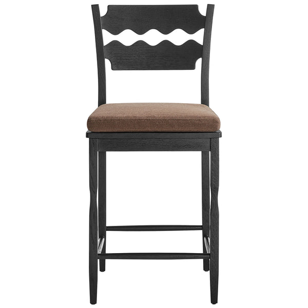 Black oak counter stool with wavy razor-back and cocoa cushion, sturdy stretchers, and clean silhouette || EEI-7518-BLK-COA || front_studio