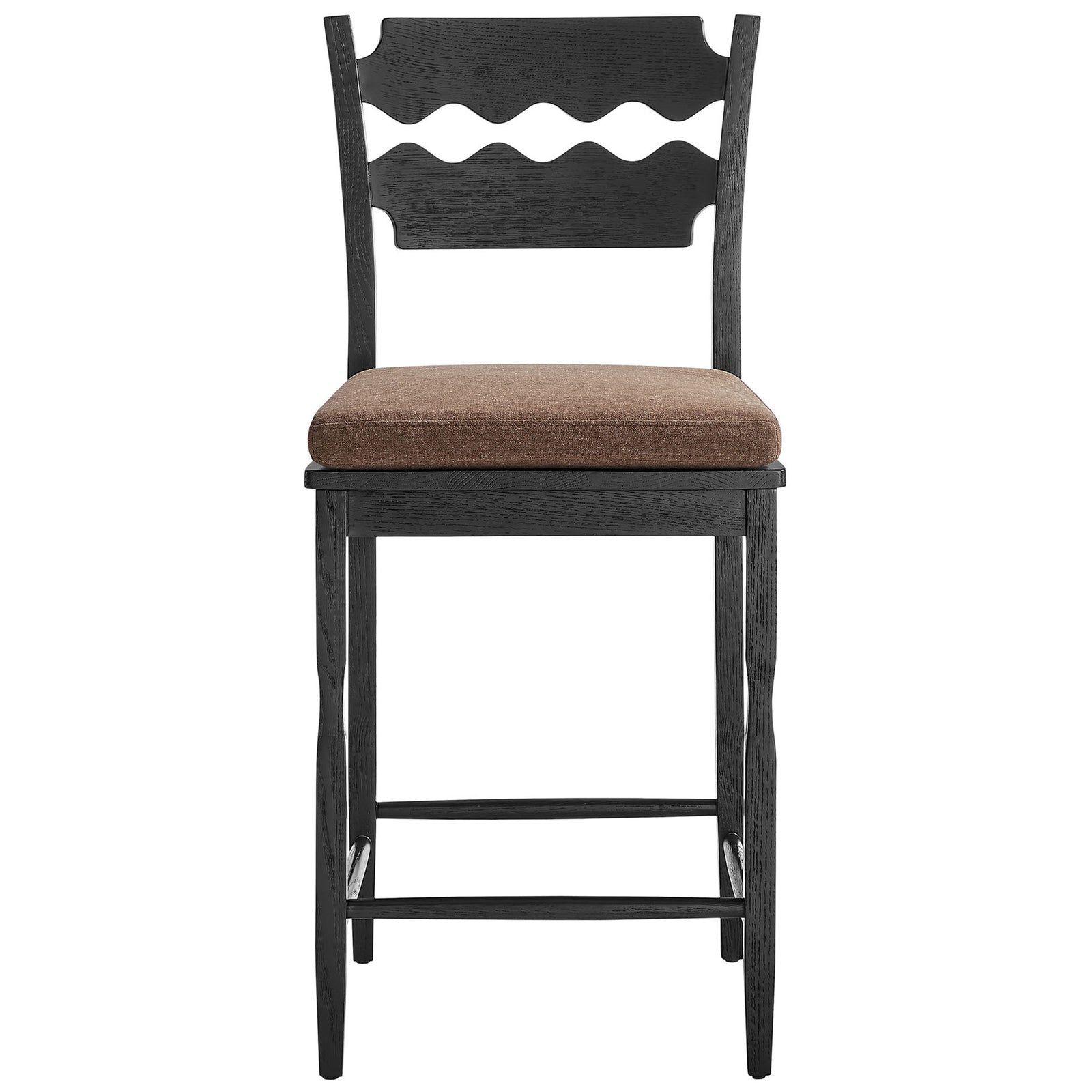 Black oak counter stool with wavy razor-back and cocoa cushion, sturdy stretchers, and clean silhouette || EEI-7518-BLK-COA || front_studio