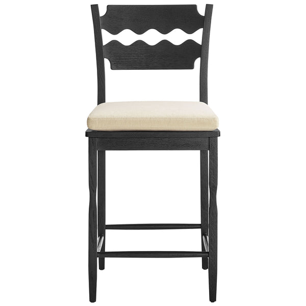 Solid oak stool with signature wavy razor-back and a thick, tie-on fabric cushion in warm beige || EEI-7518-BLK-LIN || front_studio