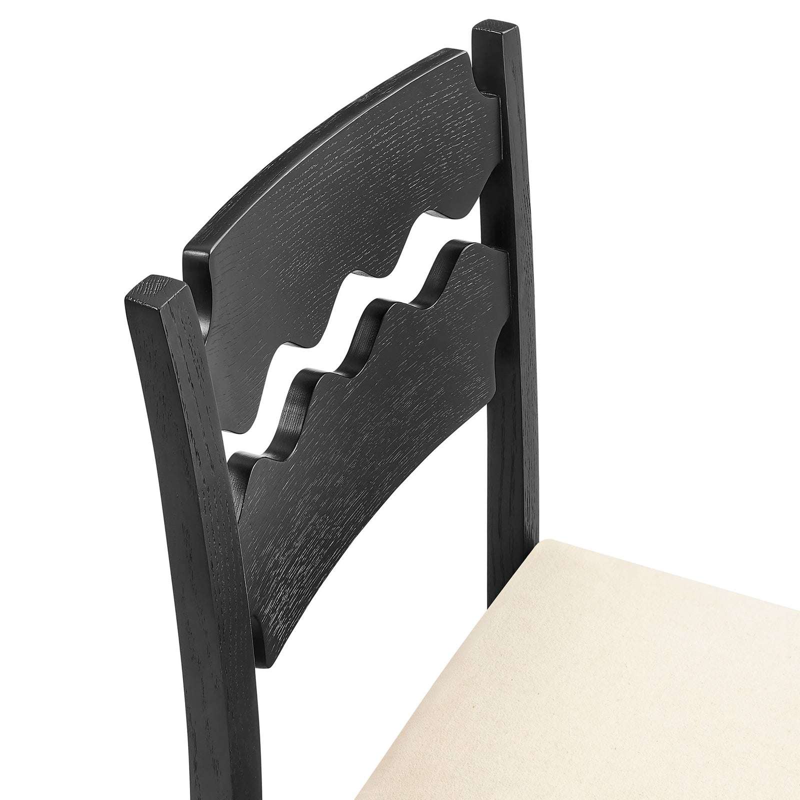 Sculpted wavy back slats in solid oak with a smooth black finish and subtle wood grain || EEI-7518-BLK-LIN || detail_studio